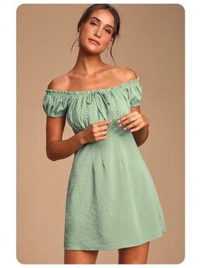 NWT Lulus Wisteria Sage Green Embroidered Off The Shoulder Mini Dress sz S
